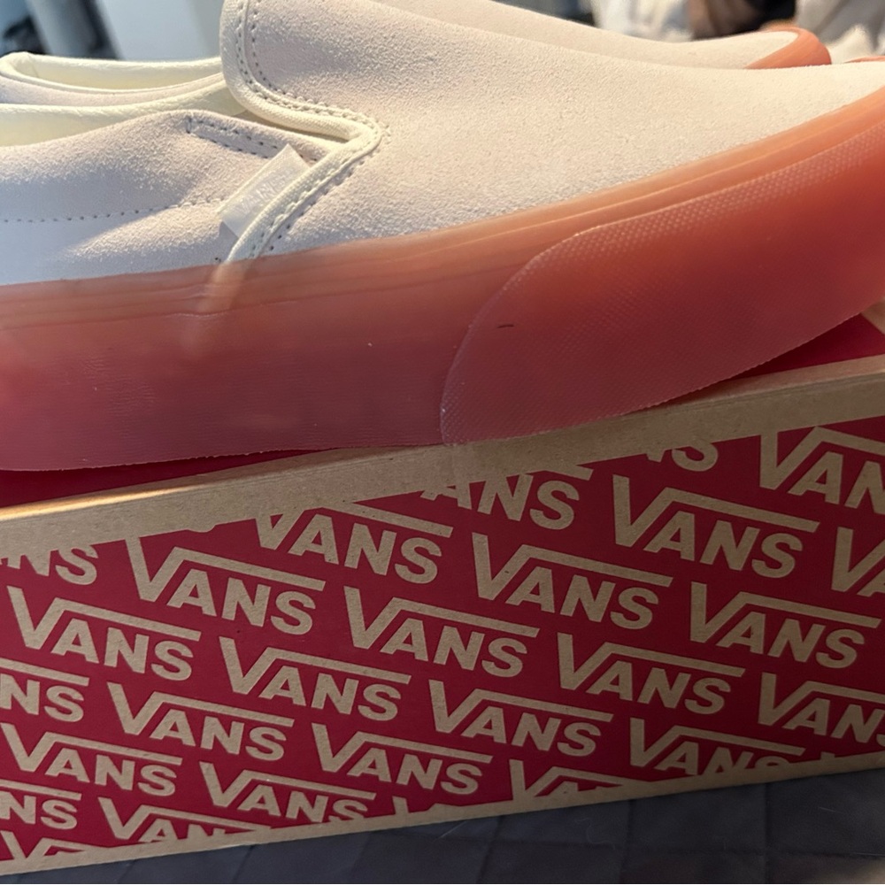 Vans White and Pink Slip-On Sneakers